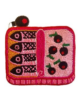 Sardines in Tin Can Olive Oil Coin Pouch, Sardines Beaded Bag, Black Olives